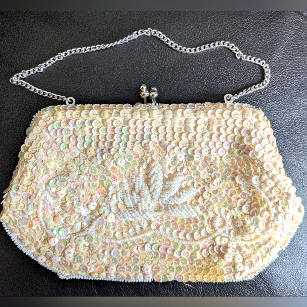 Ivory Evening Bag w/ Iridescent Sequins & White Seed Pearl Trim & Accent